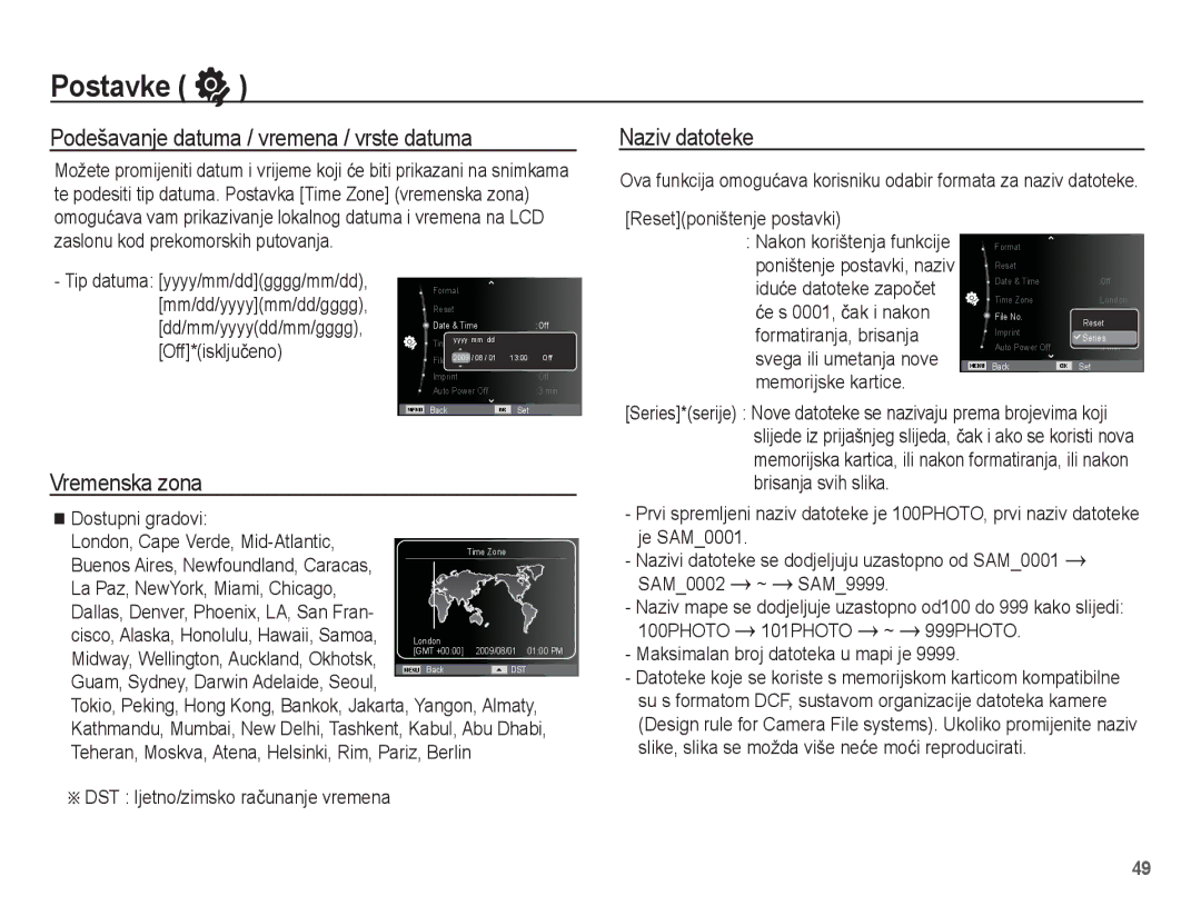 Samsung EC-ST45ZZBPBE3, EC-ST45ZZBPRE3 manual Podešavanje datuma / vremena / vrste datuma, Naziv datoteke, Vremenska zona 