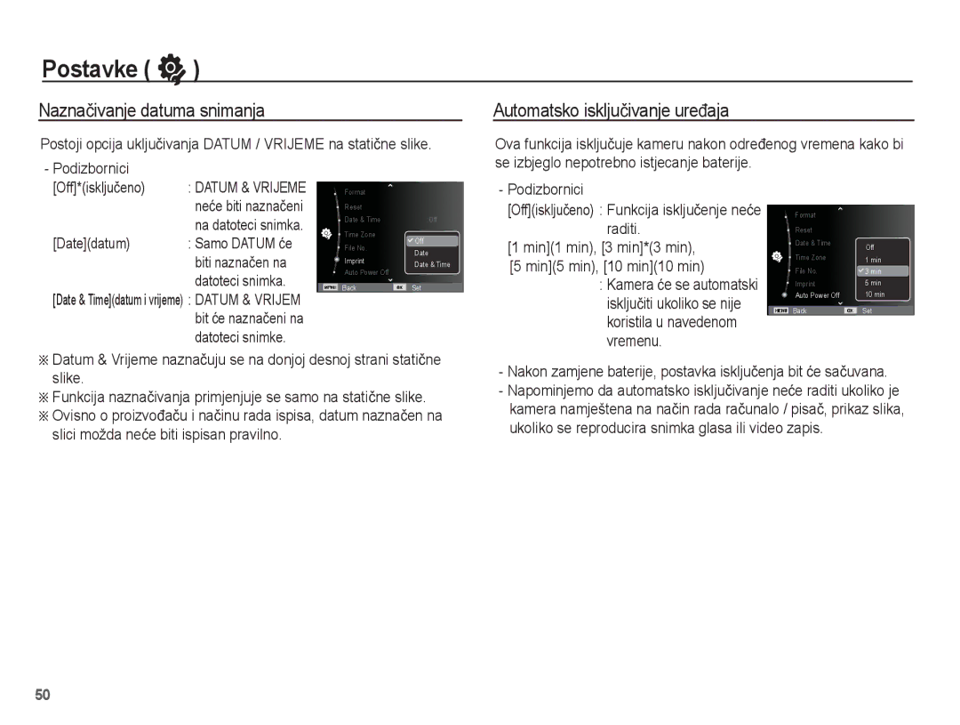 Samsung EC-ST45ZZBPRE3, EC-ST45ZZBPBE3 manual Naznaþivanje datuma snimanja, Automatsko iskljuþivanje ureÿaja, Datedatum 