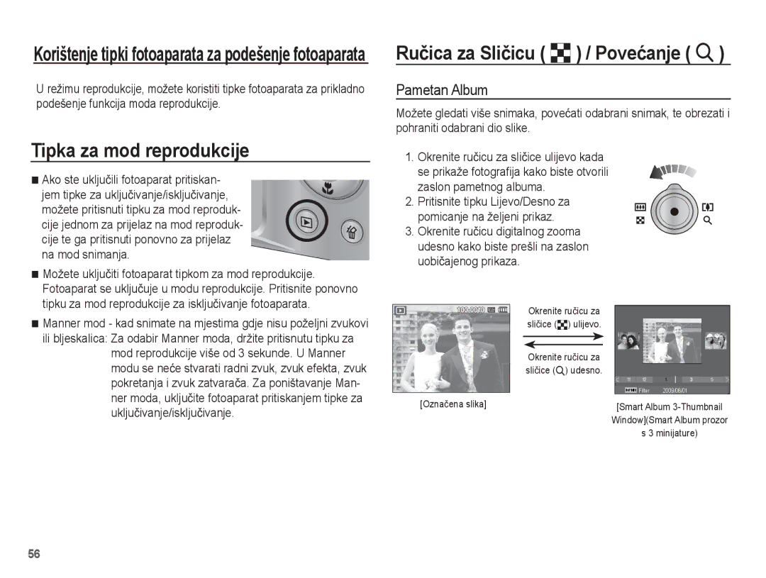 Samsung EC-ST45ZZBPRE3, EC-ST45ZZBPBE3 manual Tipka za mod reprodukcije, Ruþica za Sliþicu º / Poveüanje í, Pametan Album 