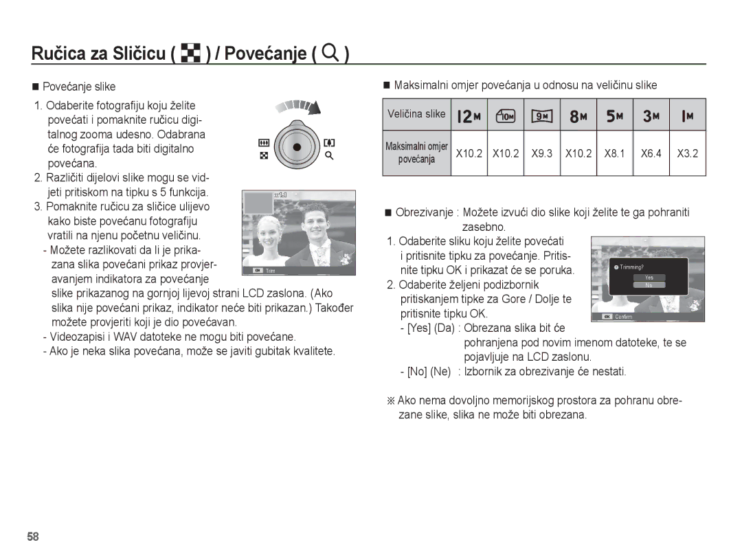 Samsung EC-ST45ZZBPRE3 manual Poveüanje slike, Avanjem indikatora za poveüanje, Nite tipku OK i prikazat üe se poruka 