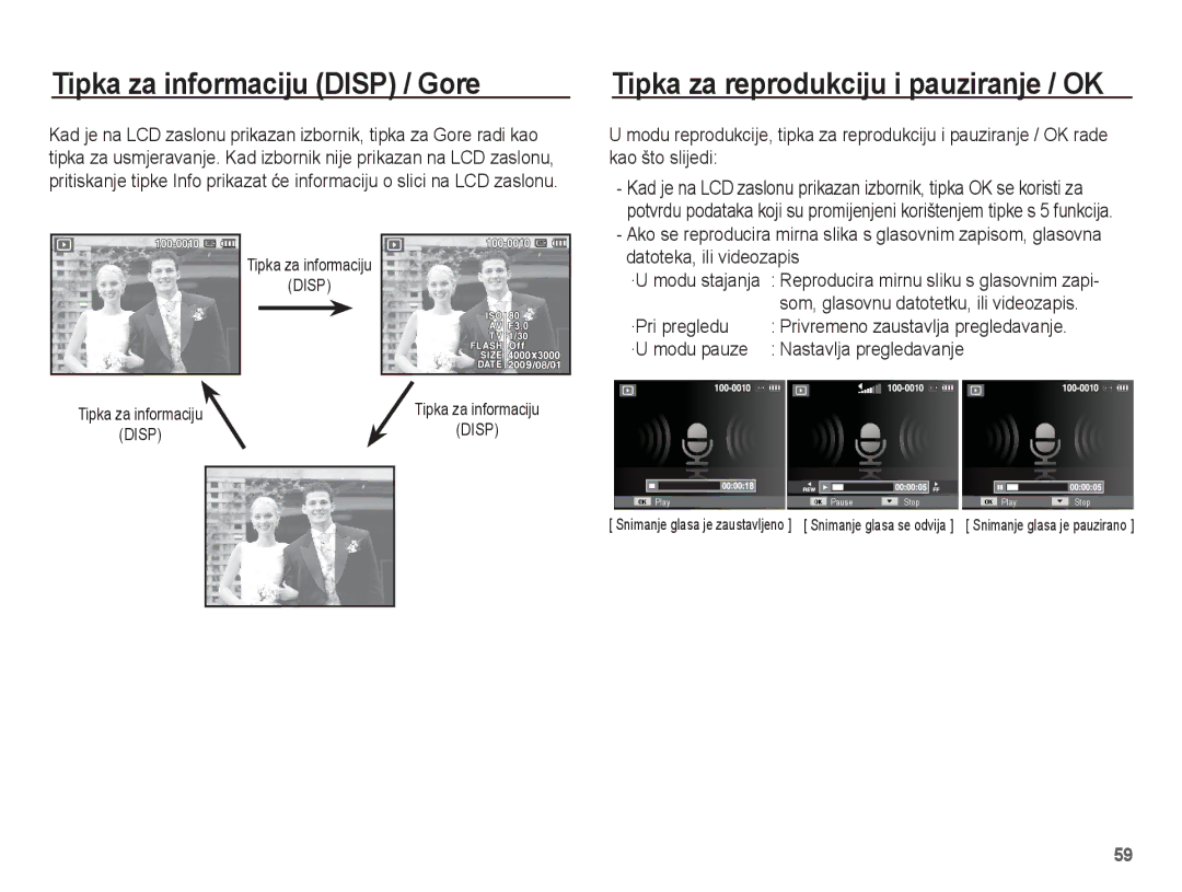 Samsung EC-ST45ZZBPBE3 manual Tipka za informaciju Disp / Gore, Tipka za reprodukciju i pauziranje / OK, ·Pri pregledu 