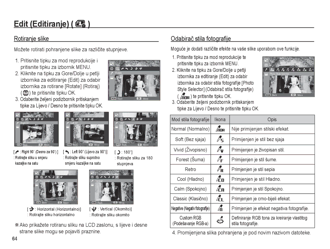 Samsung EC-ST45ZZBPRE3, EC-ST45ZZBPBE3 manual Rotiranje slike, Odabiraþ stila fotografije 