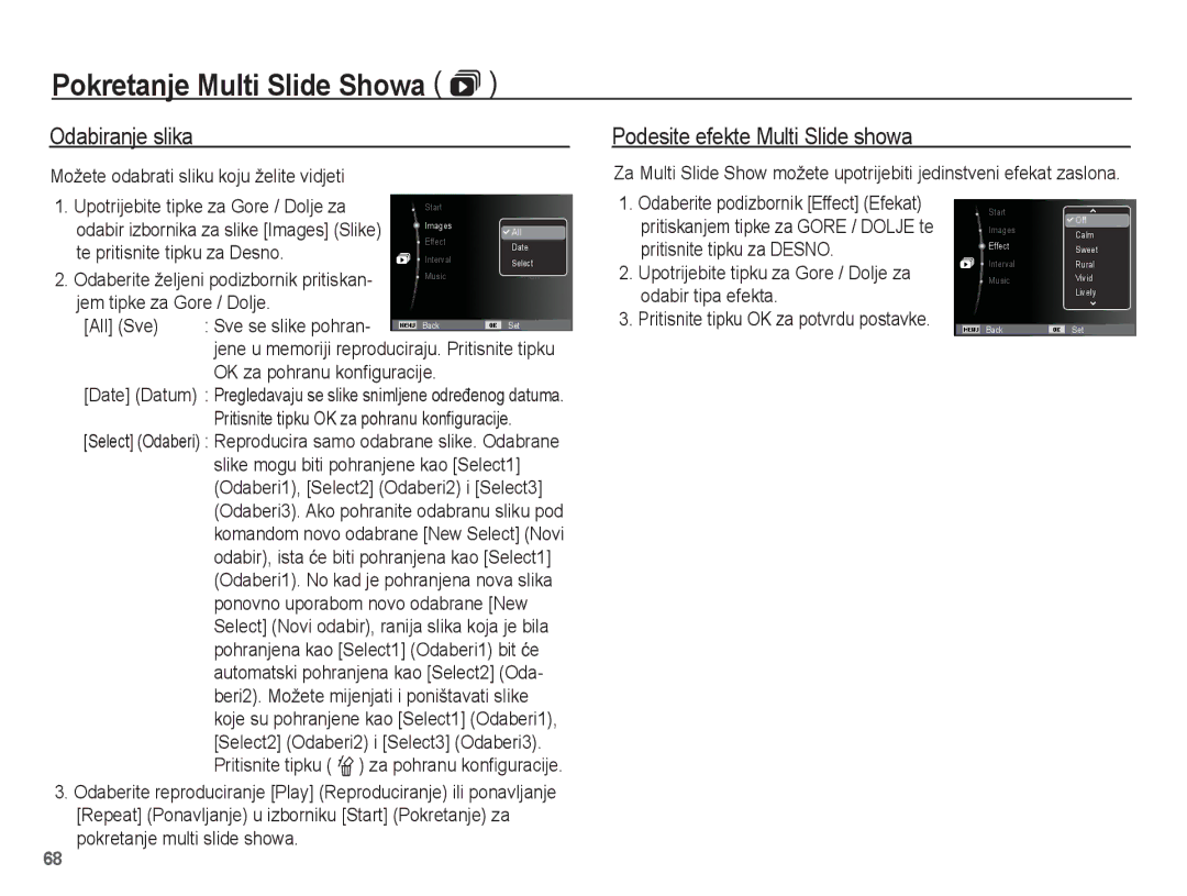 Samsung EC-ST45ZZBPRE3 manual Odabiranje slika Podesite efekte Multi Slide showa, Možete odabrati sliku koju želite vidjeti 