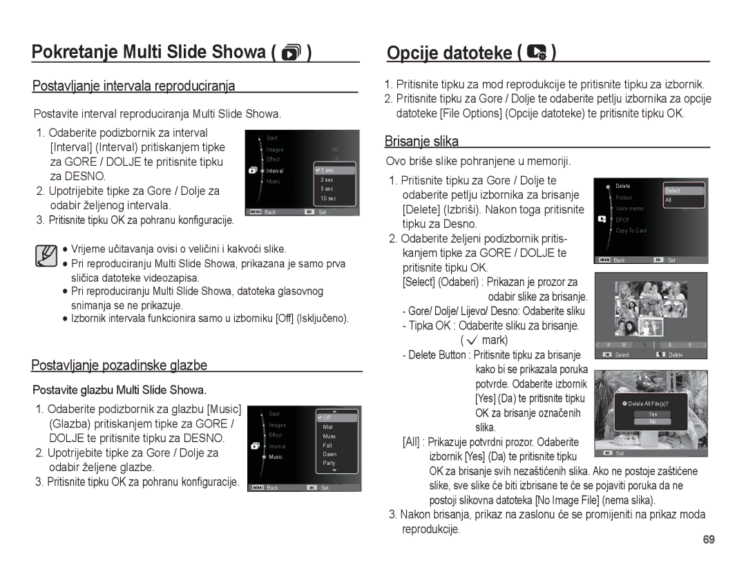 Samsung EC-ST45ZZBPBE3, EC-ST45ZZBPRE3 manual Opcije datoteke, Postavljanje intervala reproduciranja, Brisanje slika 