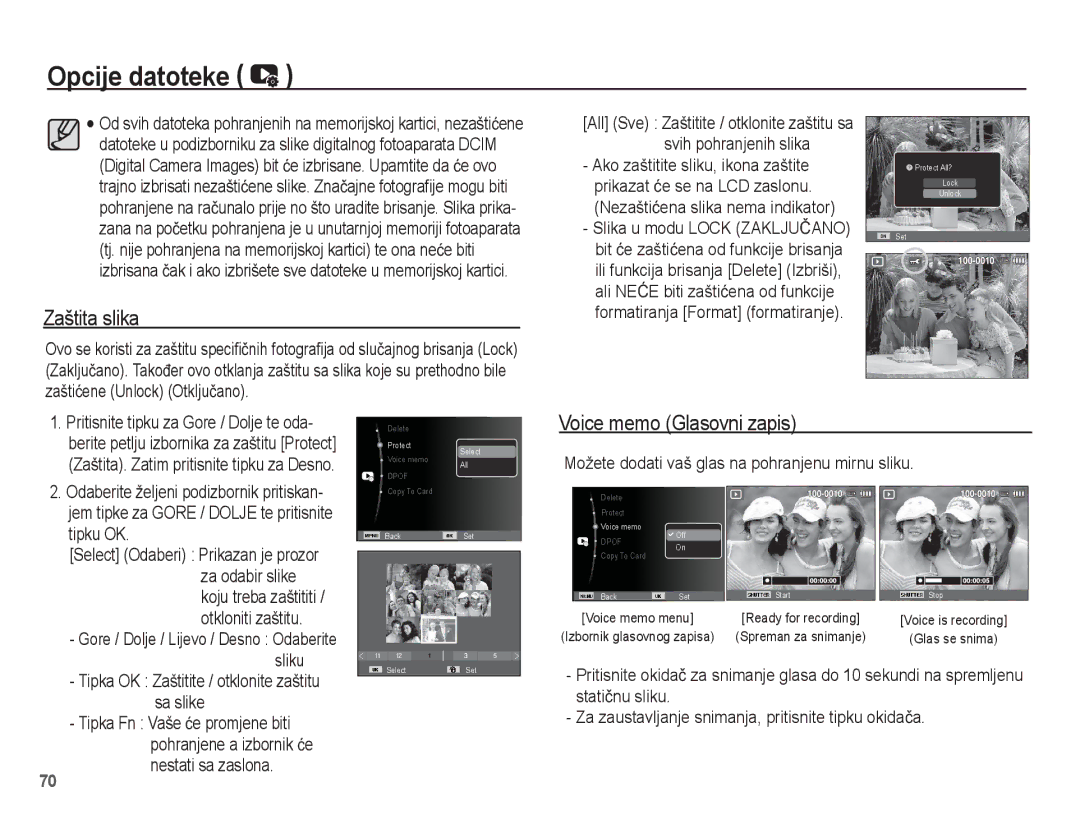 Samsung EC-ST45ZZBPRE3 manual Zaštita slika, Voice memo Glasovni zapis, Možete dodati vaš glas na pohranjenu mirnu sliku 