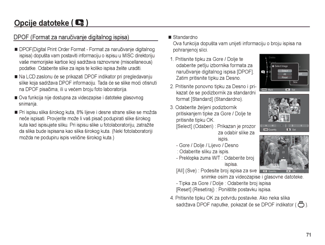 Samsung EC-ST45ZZBPBE3 manual Dpof Format za naruþivanje digitalnog ispisa, Pritisnite ponovno tipku za Desno i pri 