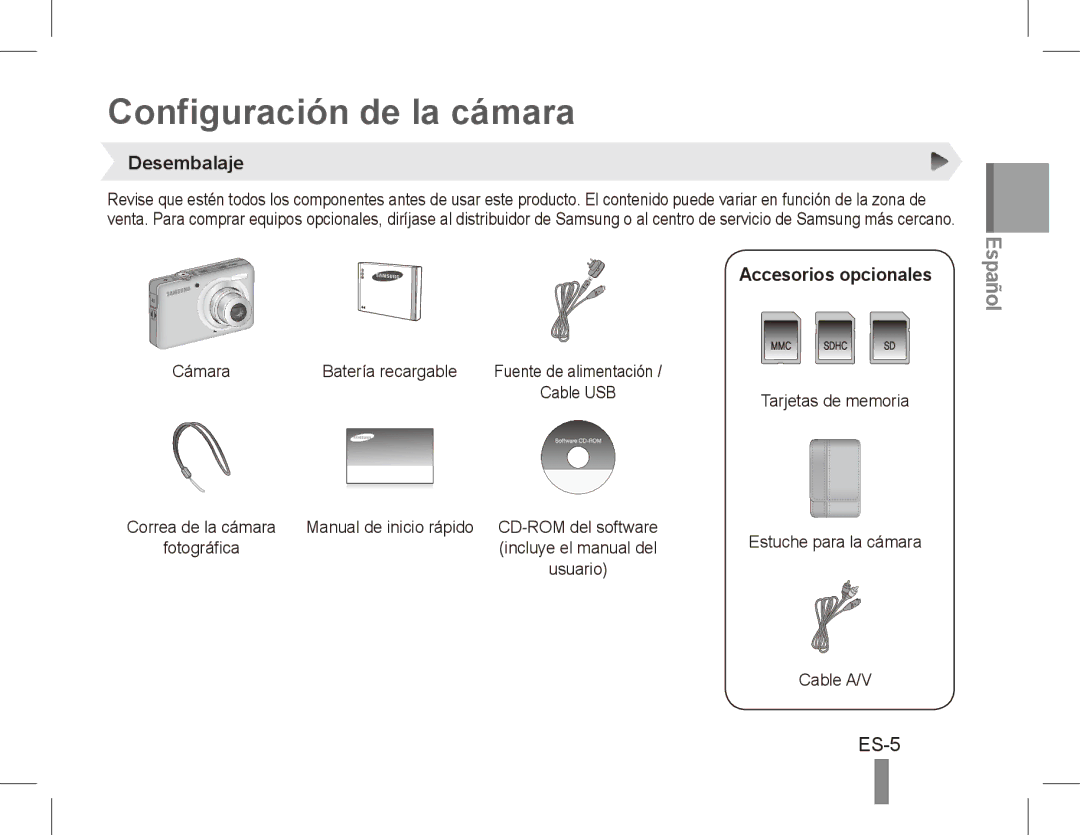 Samsung EC-ST45ZZBPASA, EC-ST45ZZBPUE1, EC-ST45ZZBPRE1 Configuración de la cámara, ES-5, Desembalaje, Accesorios opcionales 