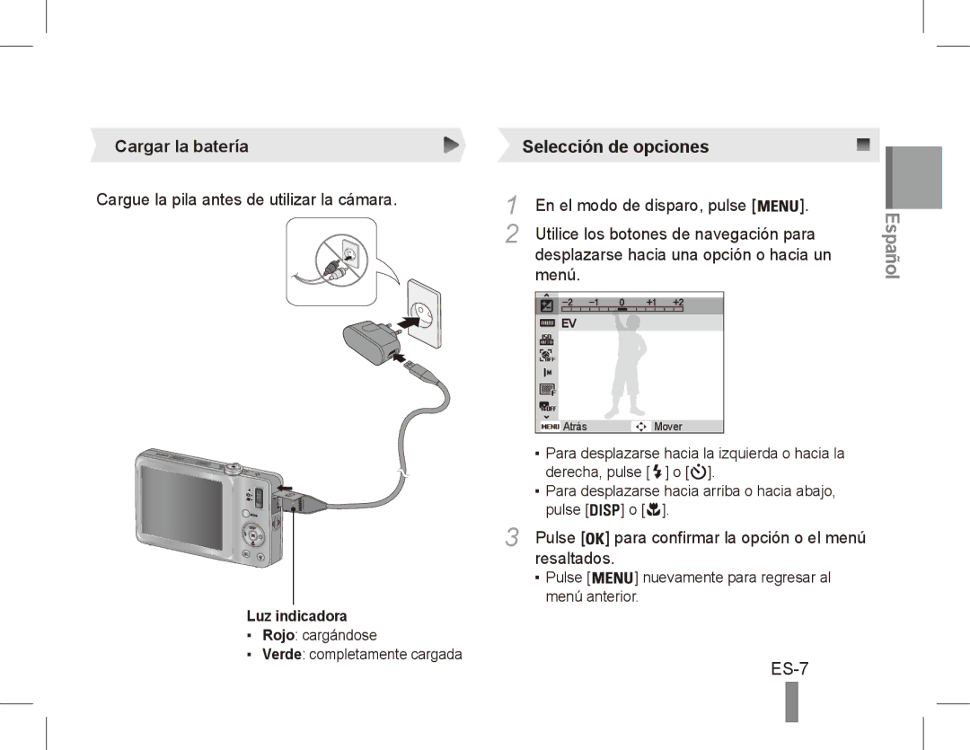 Samsung EC-ST45ZZDPUME, EC-ST45ZZBPUE1 manual ES-7, Cargar la batería Selección de opciones, Resaltados, Luz indicadora 