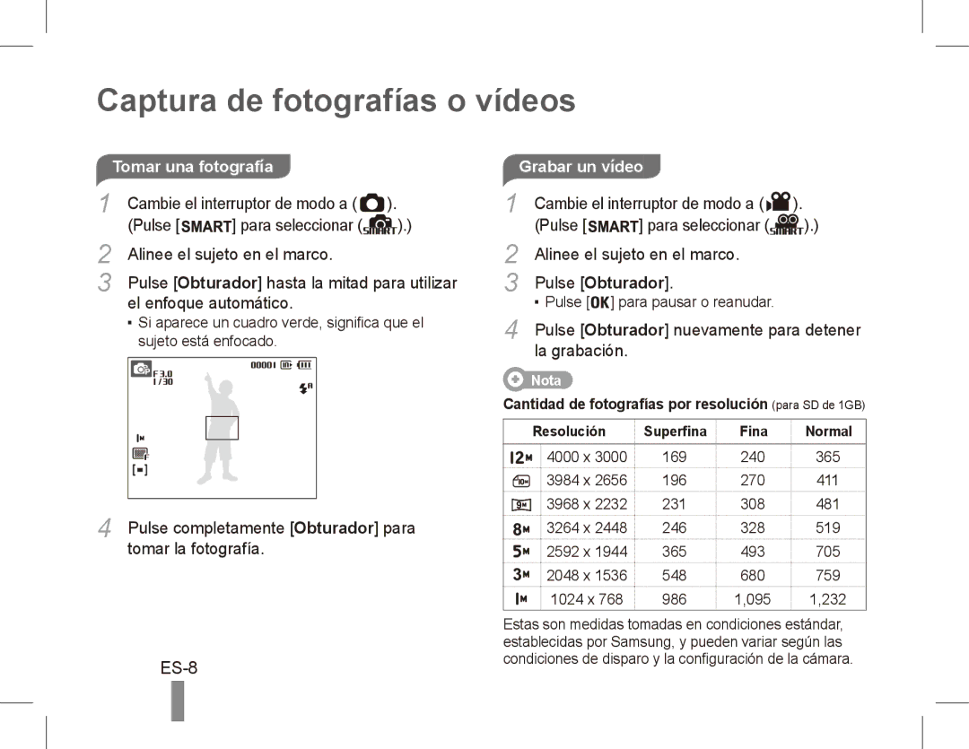 Samsung EC-ST45ZZBPAVN, EC-ST45ZZBPUE1, EC-ST45ZZBPRE1, EC-ST45ZZAAA Captura de fotografías o vídeos, ES-8, Grabar un vídeo 