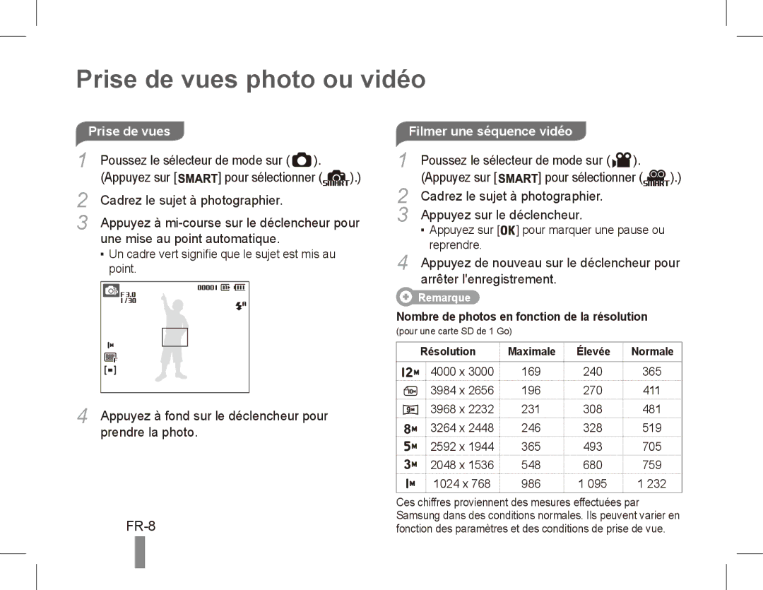 Samsung EC-ST45ZZBPAE2, EC-ST45ZZBPUE1, EC-ST45ZZBPRE1, EC-ST45ZZBPBE1, EC-ST45ZZBPAE1 Prise de vues photo ou vidéo, FR-8 