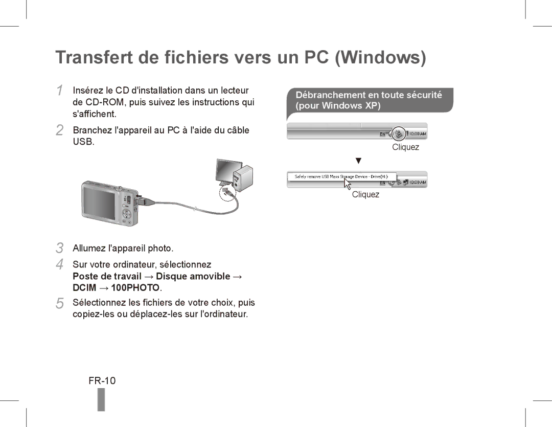 Samsung EC-ST45ZZBPURU, EC-ST45ZZAAA Transfert de fichiers vers un PC Windows, FR-10, Saffichent, Allumez lappareil photo 