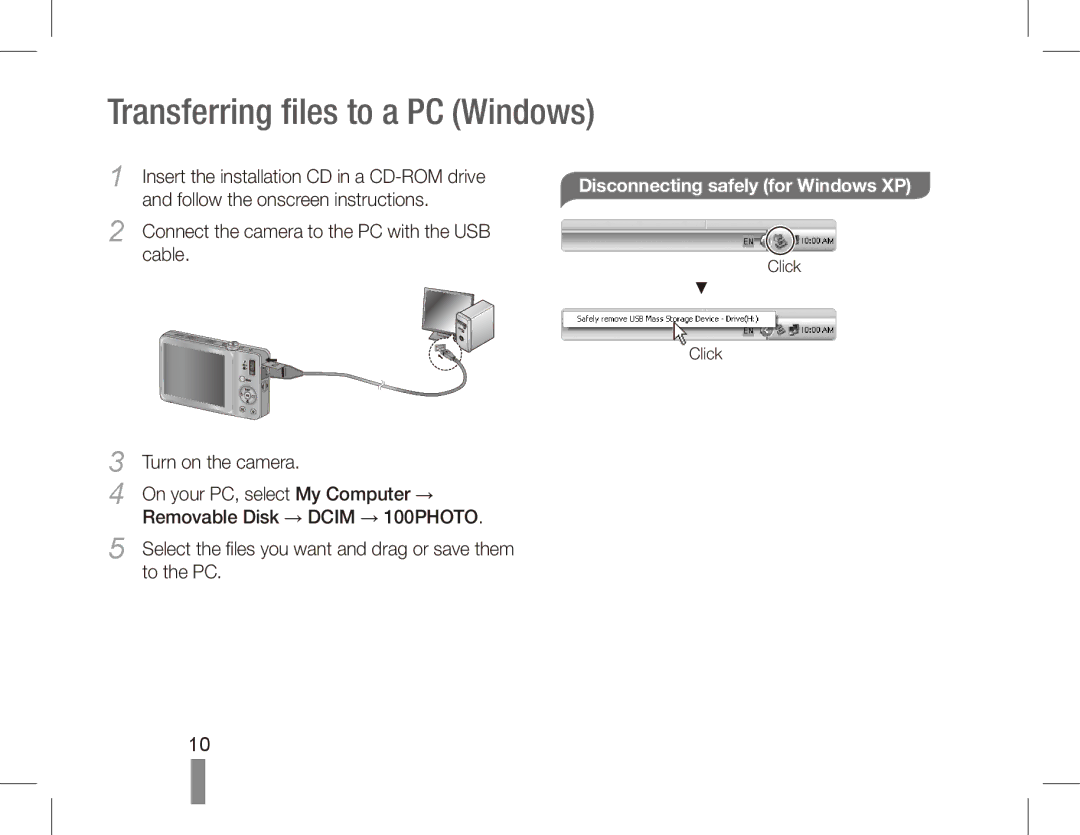 Samsung EC-ST45ZZBPRSA, EC-ST45ZZAAA Disconnecting safely for Windows XP, Connect the camera to the PC with the USB Cable 