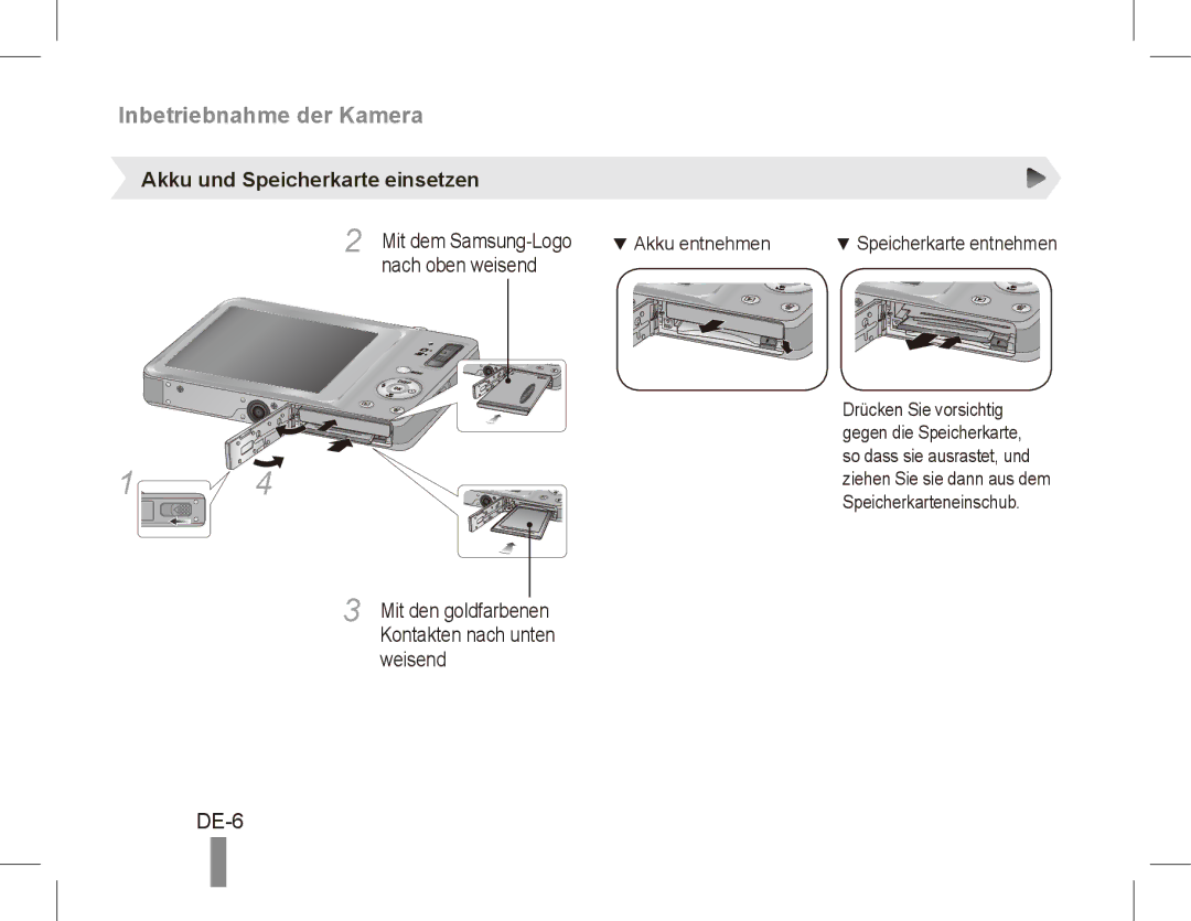 Samsung EC-ST45ZZBPBSA, EC-ST45ZZBPUE1, EC-ST45ZZBPRE1, EC-ST45ZZBPBE1, EC-ST45ZZBPAE1 DE-6, Akku und Speicherkarte einsetzen 