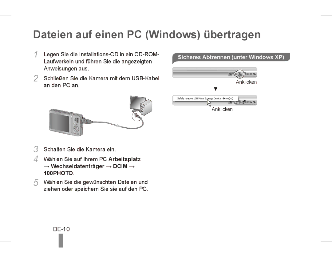 Samsung EC-ST45ZZBPBVN, EC-ST45ZZBPUE1 manual Dateien auf einen PC Windows übertragen, DE-10, → Wechseldatenträger → Dcim → 