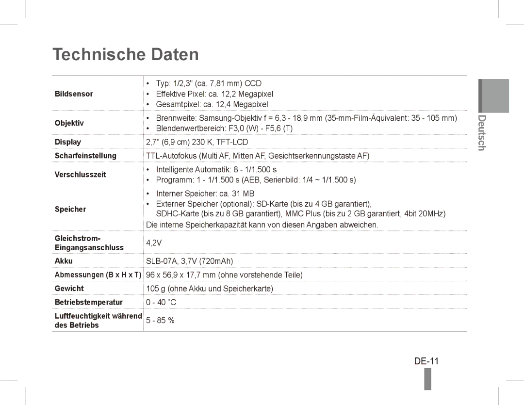 Samsung EC-ST45ZZBPRVN, EC-ST45ZZBPUE1, EC-ST45ZZBPRE1, EC-ST45ZZBPBE1, EC-ST45ZZBPAE1, EC-ST45ZZBPRIT Technische Daten, DE-11 