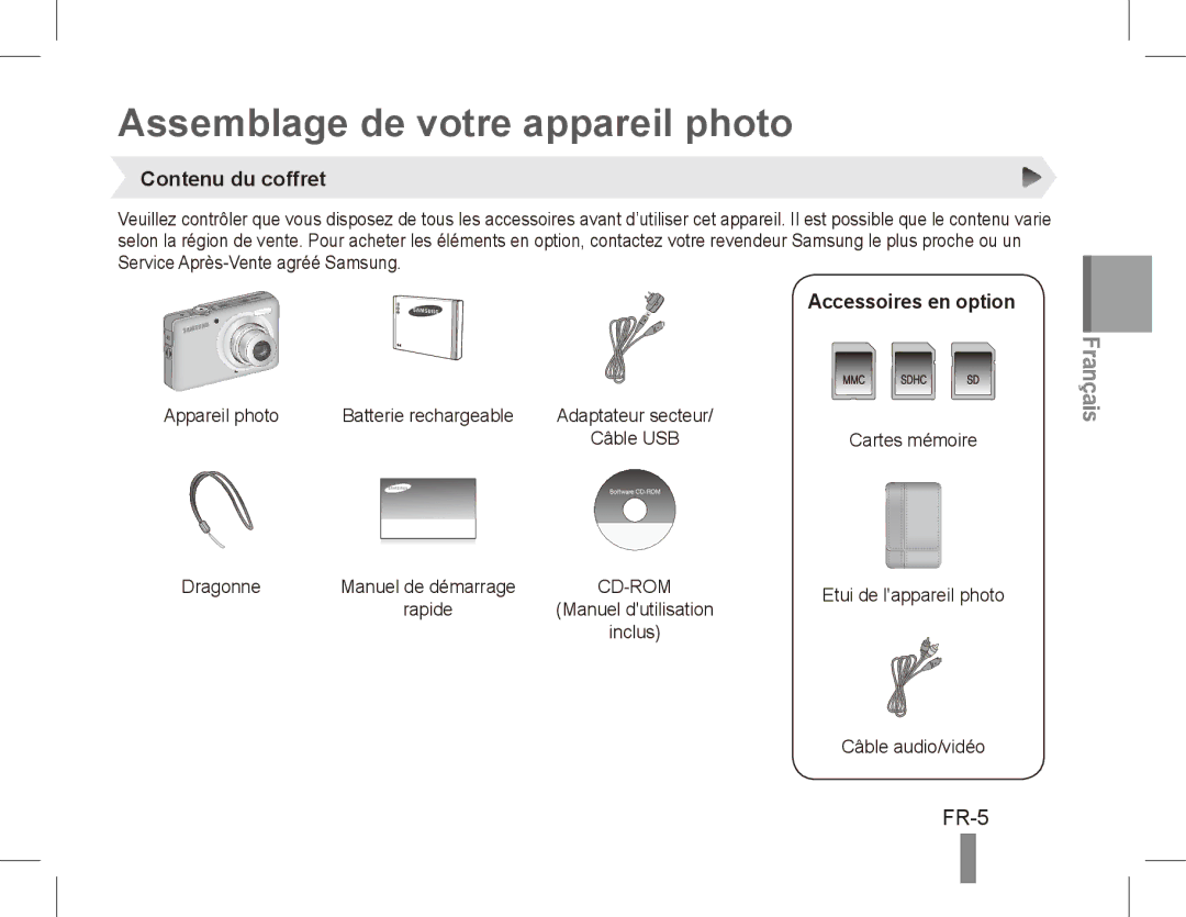 Samsung EC-ST45ZZBPUE2, EC-ST45ZZBPUE1 Assemblage de votre appareil photo, FR-5, Contenu du coffret, Accessoires en option 