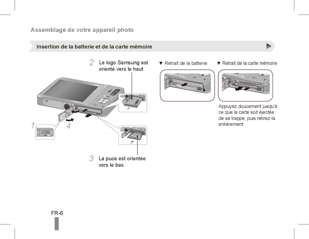 Samsung EC-ST45ZZBPRE2, EC-ST45ZZBPUE1, EC-ST45ZZBPRE1, EC-ST45ZZBPBE1 FR-6, Insertion de la batterie et de la carte mémoire 