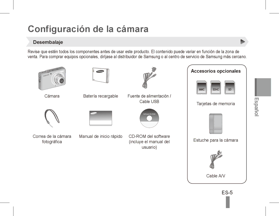 Samsung EC-ST45ZZBPBE1, EC-ST45ZZBPUE1, EC-ST45ZZBPRE1 Configuración de la cámara, ES-5, Desembalaje, Accesorios opcionales 