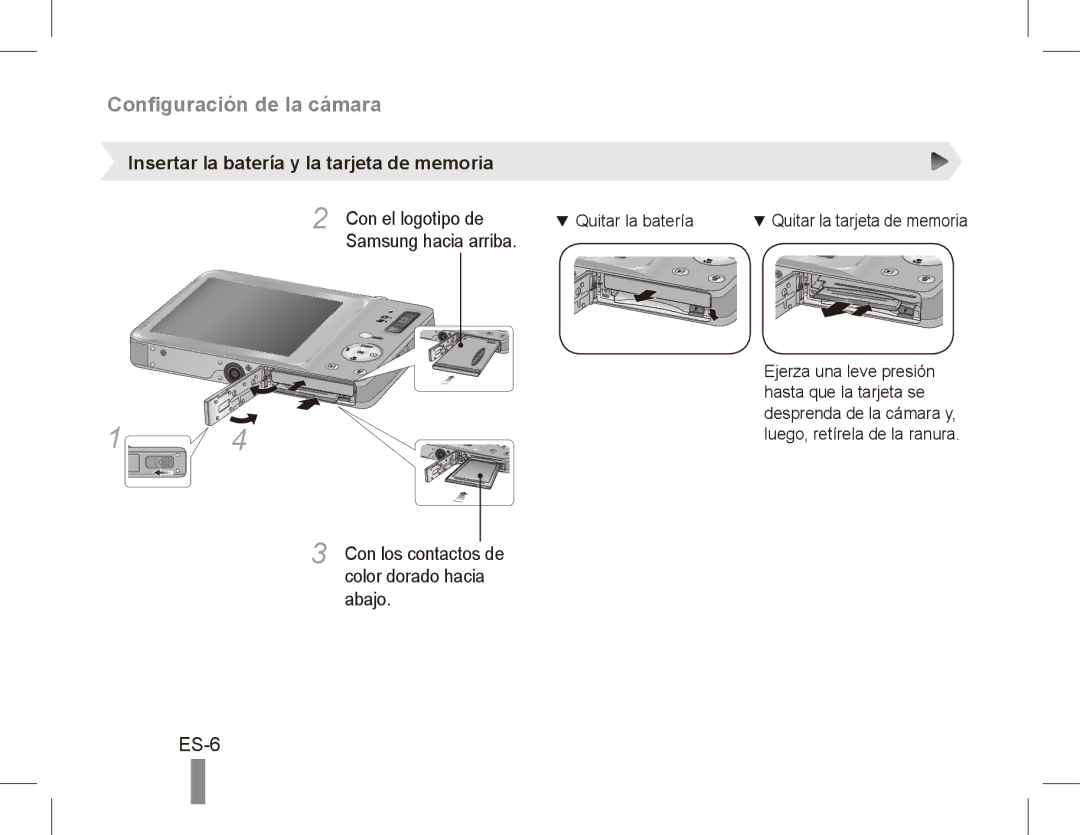 Samsung EC-ST45ZZBPAE1 ES-6, Insertar la batería y la tarjeta de memoria, Con el logotipo de, Samsung hacia arriba, Abajo 