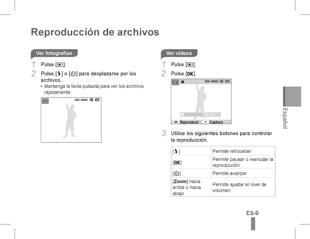 Samsung EC-ST45ZZBPAIT manual Reproducción de archivos, ES-9, Ver fotografías, Pulse Para desplazarse por los Archivos 