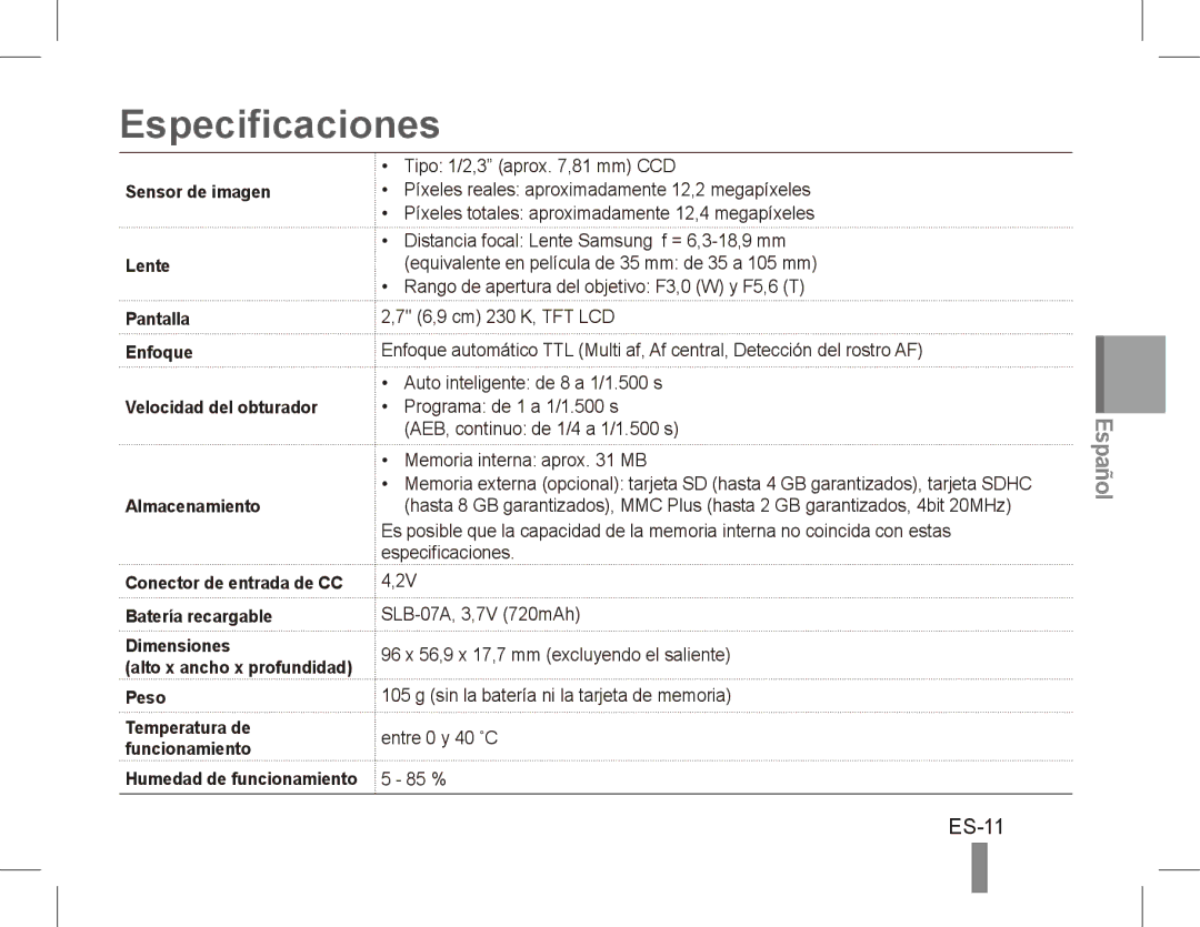 Samsung EC-ST45ZZAAA, EC-ST45ZZBPUE1, EC-ST45ZZBPRE1 manual Especificaciones, ES-11, Batería recargable Dimensiones, Peso 