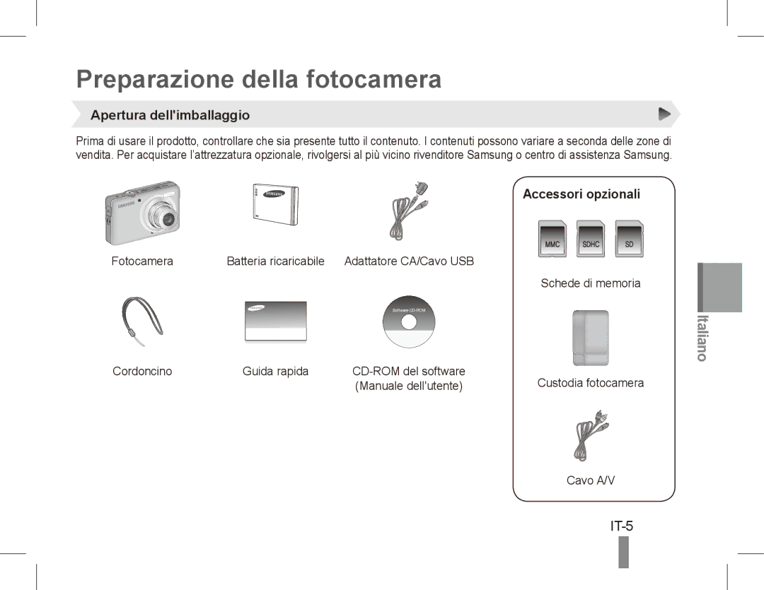 Samsung EC-ST45ZZDPBME, EC-ST45ZZBPUE1 Preparazione della fotocamera, IT-5, Apertura dellimballaggio, Accessori opzionali 