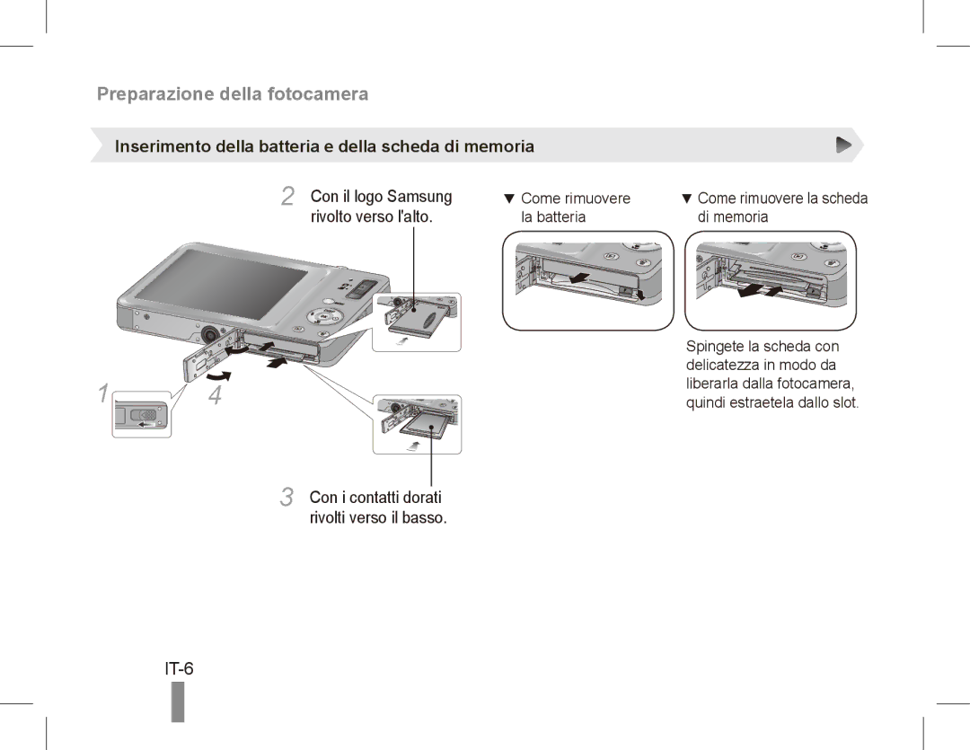 Samsung EC-ST45ZZDPAME, EC-ST45ZZBPUE1 IT-6, Inserimento della batteria e della scheda di memoria, Rivolto verso lalto 