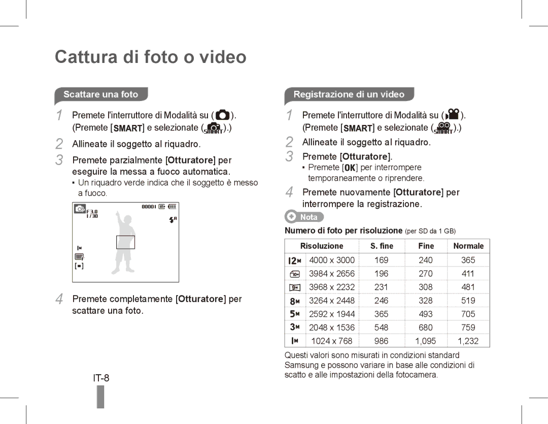 Samsung EC-ST45ZZBPASA, EC-ST45ZZBPUE1, EC-ST45ZZBPRE1 manual Cattura di foto o video, IT-8, Registrazione di un video 