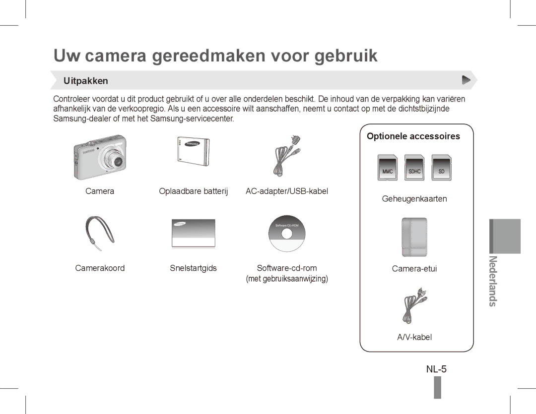 Samsung EC-ST45ZZBPBE3, EC-ST45ZZBPUE1 manual Uw camera gereedmaken voor gebruik, NL-5, Uitpakken, Optionele accessoires 