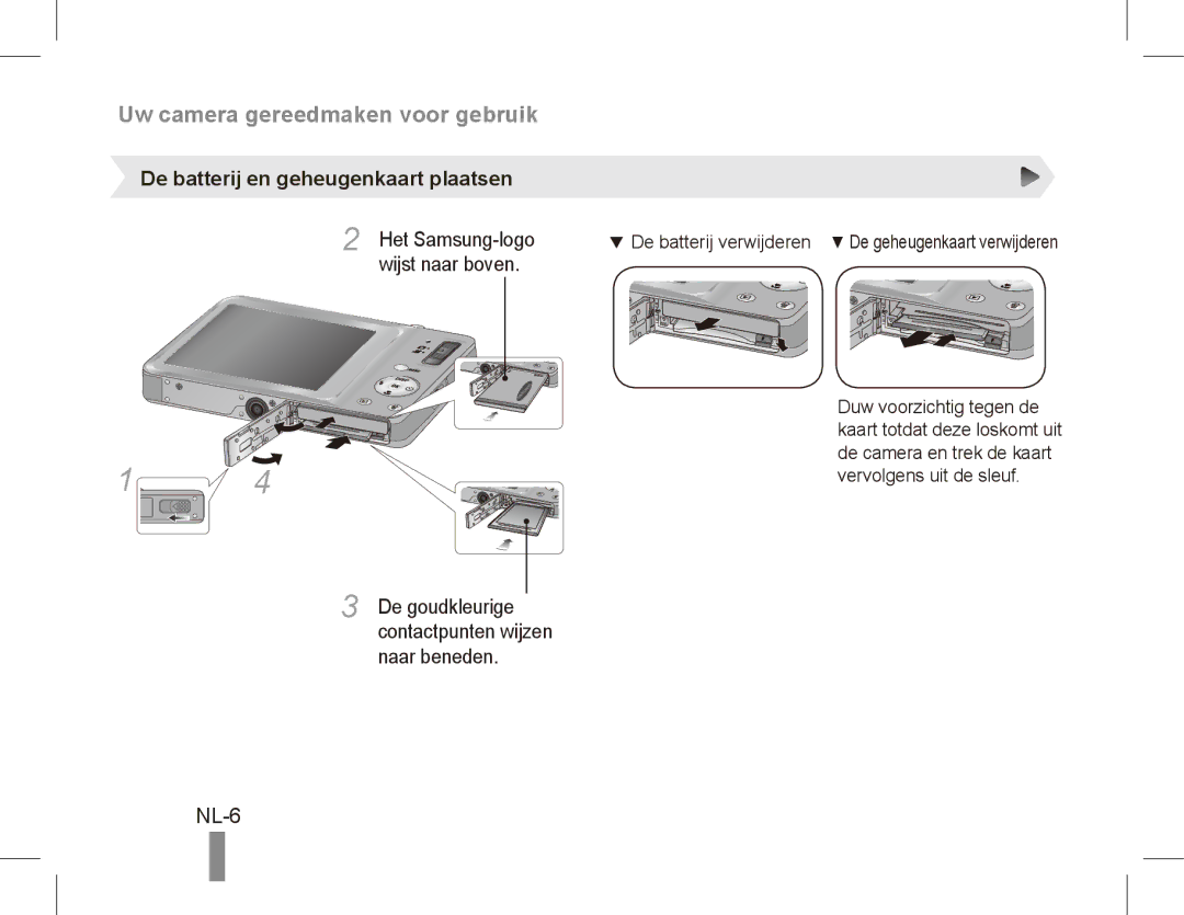 Samsung EC-ST45ZZBPRE3, EC-ST45ZZBPUE1 NL-6, De batterij en geheugenkaart plaatsen, Het Samsung-logo, Wijst naar boven 