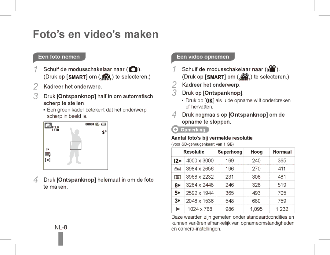 Samsung EC-ST45ZZBPUE2, EC-ST45ZZBPUE1, EC-ST45ZZBPRE1, EC-ST45ZZBPBE1 manual Foto’s en videos maken, NL-8, Een video opnemen 