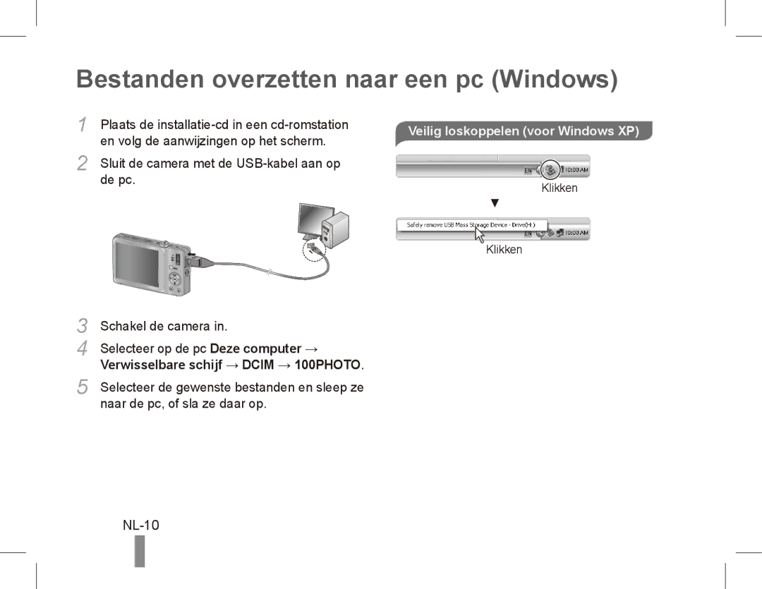 Samsung EC-ST45ZZBPBE2, EC-ST45ZZBPUE1 Bestanden overzetten naar een pc Windows, NL-10, Veilig loskoppelen voor Windows XP 