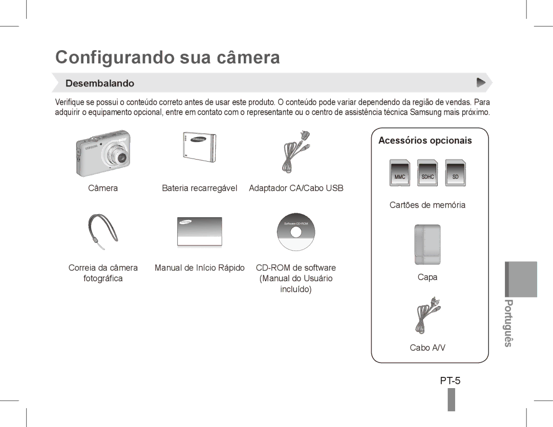 Samsung EC-ST45ZZBPBRU, EC-ST45ZZBPUE1, EC-ST45ZZBPRE1 Configurando sua câmera, PT-5, Desembalando, Acessórios opcionais 