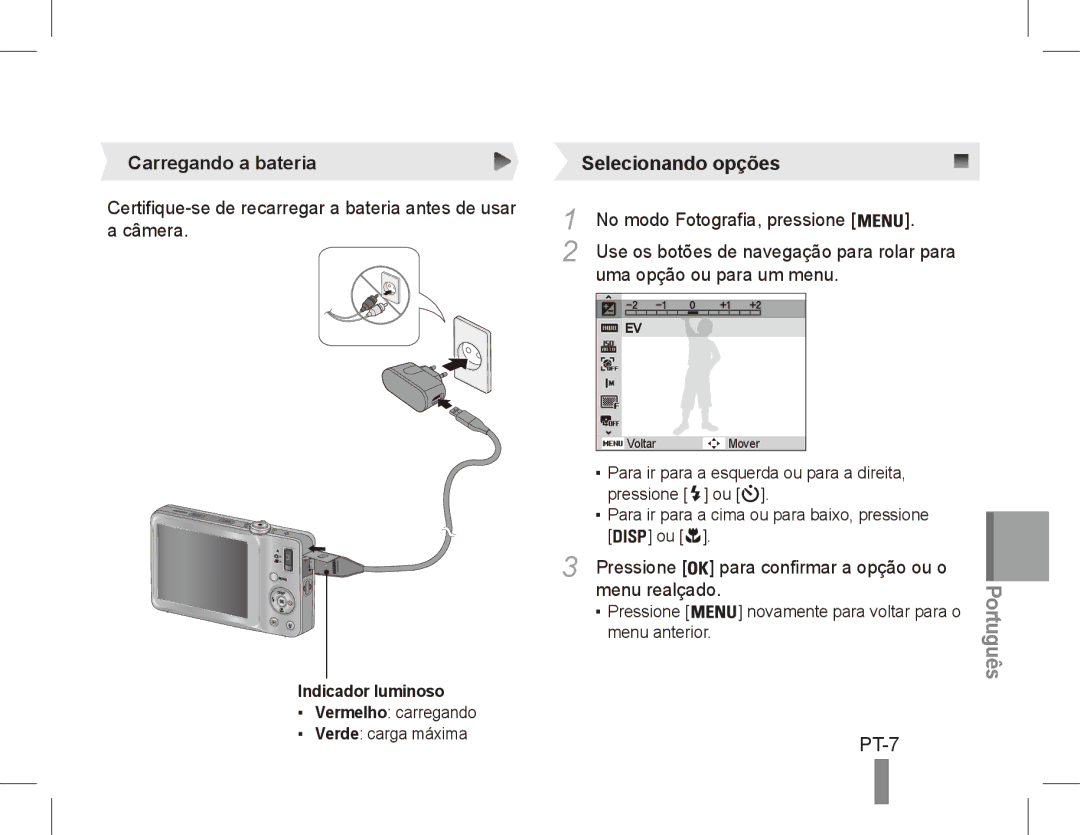 Samsung EC-ST45ZZBPRE1, EC-ST45ZZBPUE1, EC-ST45ZZBPBE1, EC-ST45ZZBPAE1, EC-ST45ZZBPRIT manual PT-7, Carregando a bateria 