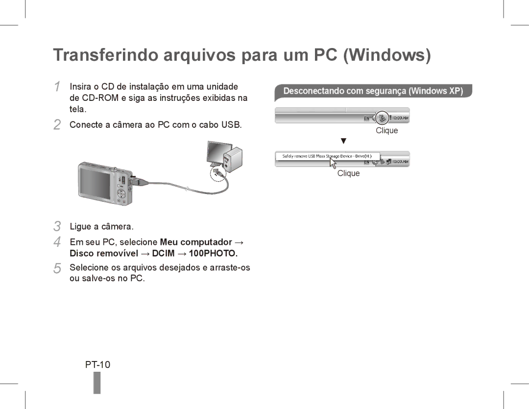 Samsung EC-ST45ZZBPRIT manual Transferindo arquivos para um PC Windows, PT-10, Desconectando com segurança Windows XP 