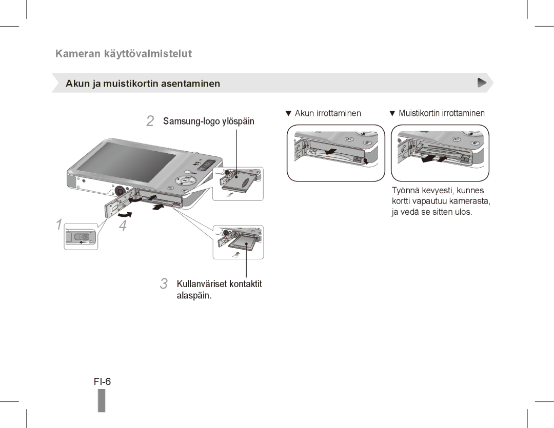 Samsung EC-ST45ZZBPBSA FI-6, Akun ja muistikortin asentaminen, Samsung-logo ylöspäin, Kullanvärisetalaspäin. kontaktit 