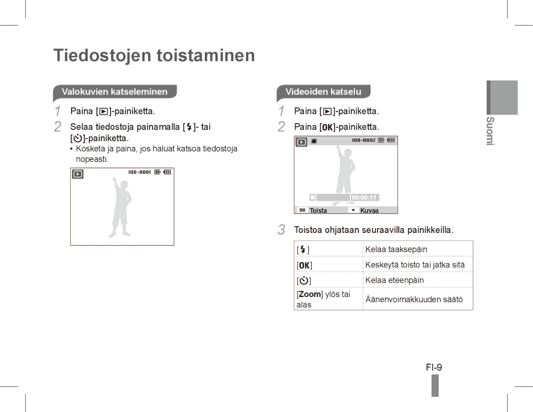 Samsung EC-ST45ZZBPUVN, EC-ST45ZZBPUE1 manual Tiedostojen toistaminen, FI-9, Valokuvien katseleminen, Paina -painiketta 