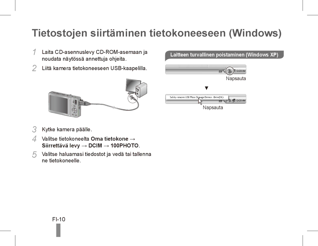 Samsung EC-ST45ZZBPBVN Tietostojen siirtäminen tietokoneeseen Windows, FI-10, Laitteen turvallinen poistaminen Windows XP 