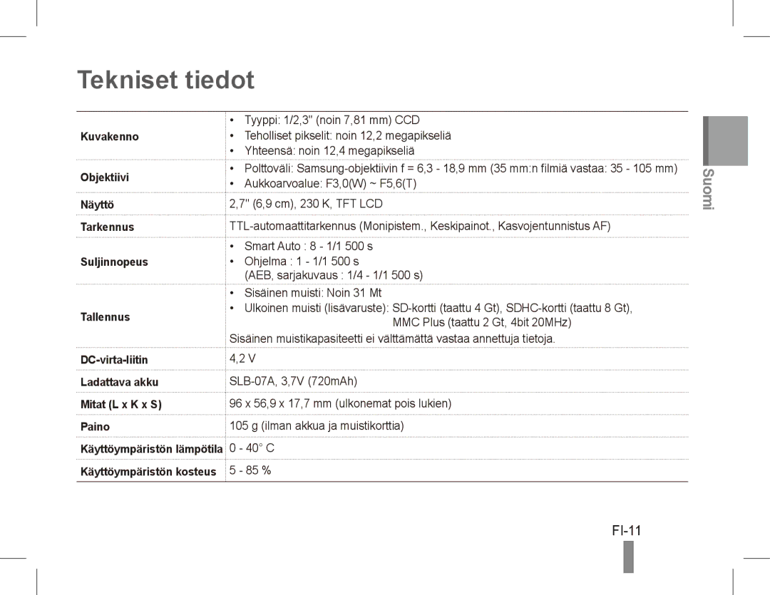 Samsung EC-ST45ZZBPRVN, EC-ST45ZZBPUE1, EC-ST45ZZBPRE1, EC-ST45ZZBPBE1, EC-ST45ZZBPAE1, EC-ST45ZZBPRIT Tekniset tiedot, FI-11 