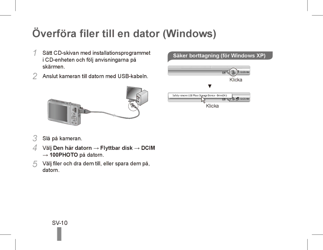 Samsung EC-ST45ZZBPURU, EC-ST45ZZBPUE1 manual Överföra filer till en dator Windows, SV-10, Säker borttagning för Windows XP 