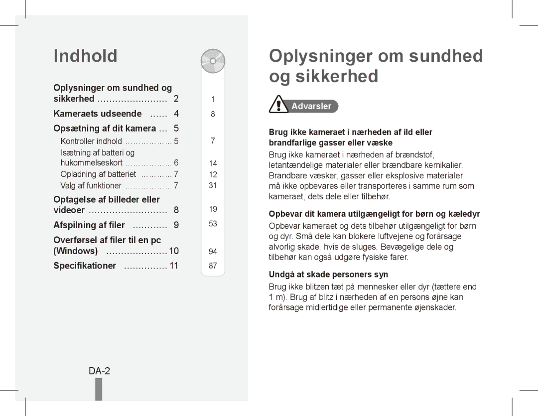 Samsung EC-ST45ZZBPBRU, EC-ST45ZZBPUE1, EC-ST45ZZBPRE1 manual Indhold, Oplysninger om sundhed og sikkerhed, DA-2, Advarsler 