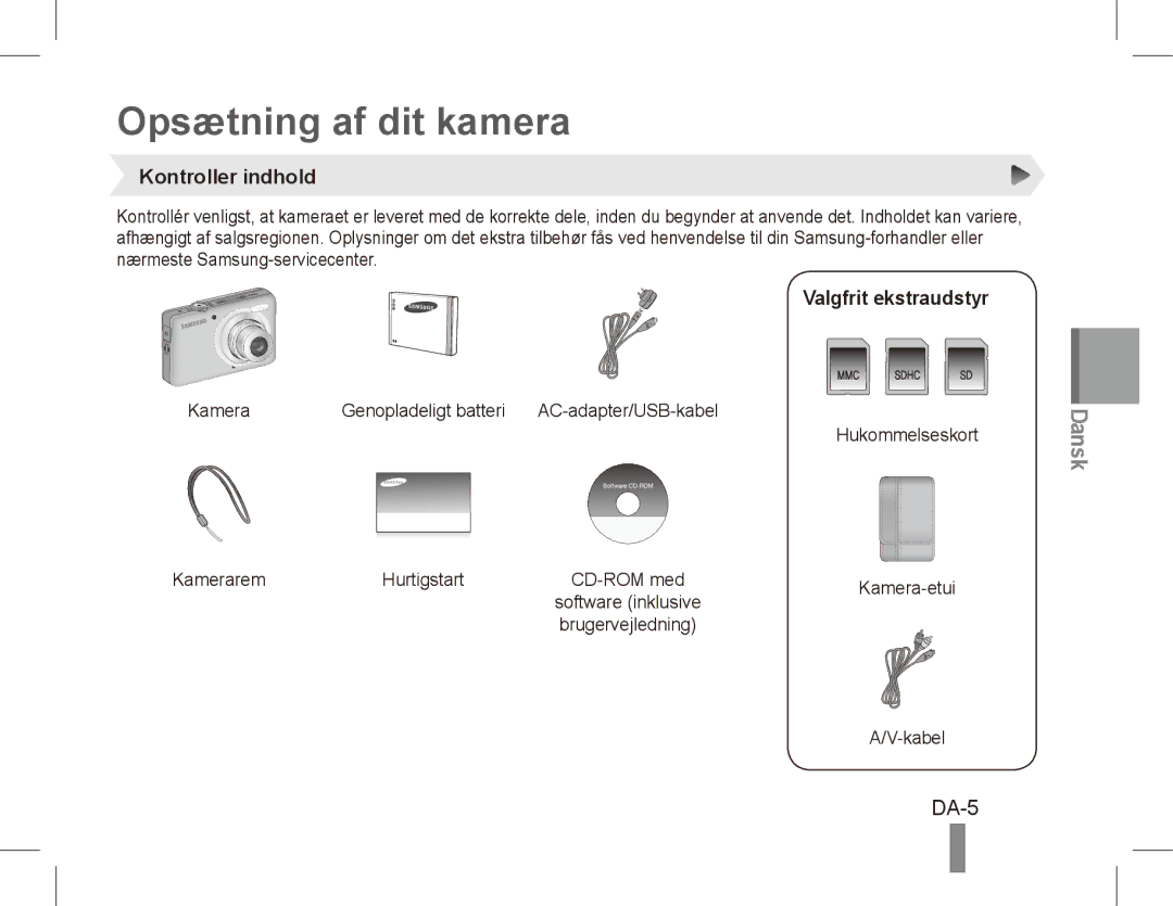 Samsung EC-ST45ZZBPBE1, EC-ST45ZZBPUE1 manual Opsætning af dit kamera, DA-5, Kontroller indhold, Valgfrit ekstraudstyr 