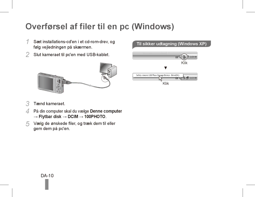 Samsung EC-ST45ZZBPBIT, EC-ST45ZZBPUE1 manual Overførsel af filer til en pc Windows, DA-10, Til sikker udtagning Windows XP 