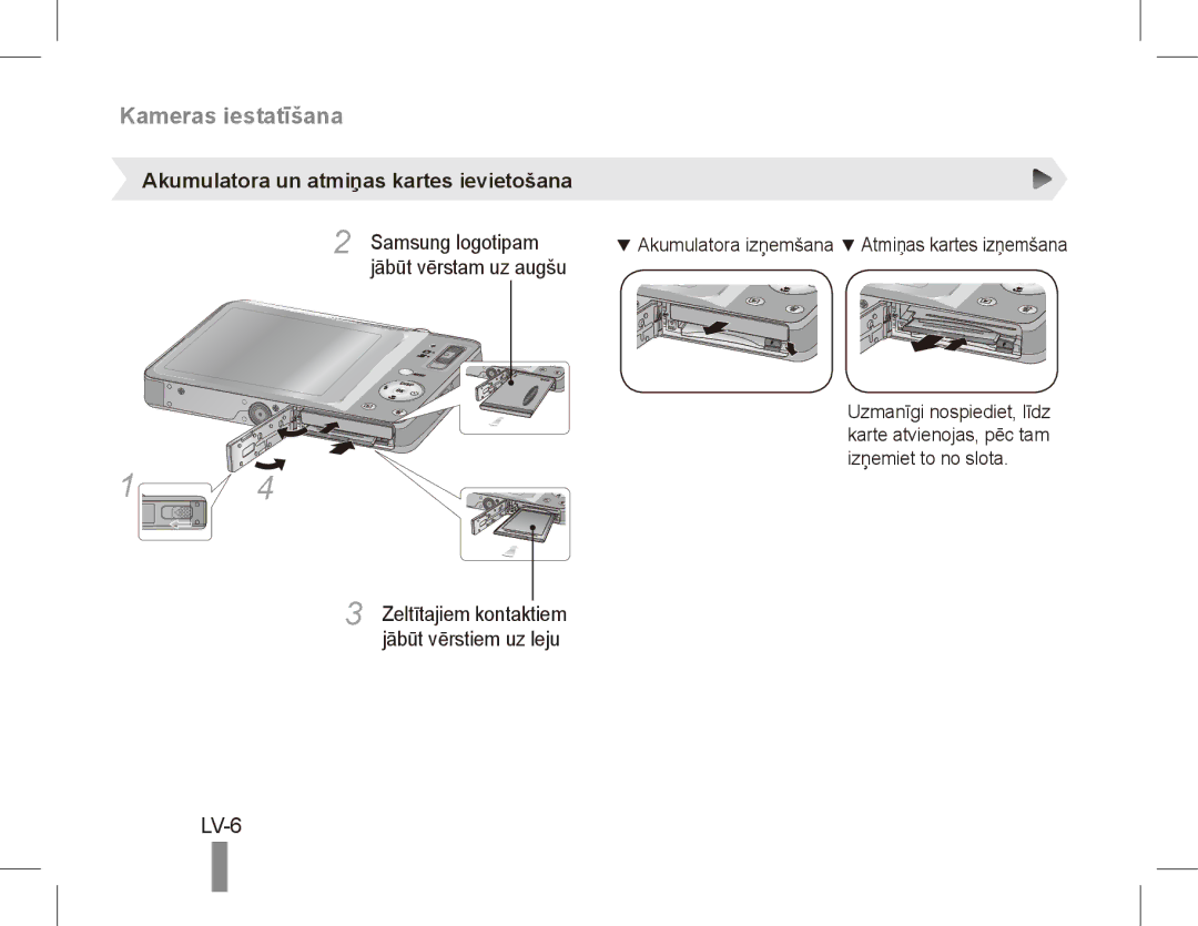 Samsung EC-ST45ZZBPRE3 manual LV-6, Akumulatora un atmiņas kartes ievietošana, Samsung logotipam, Jābūt vērstam uz augšu 