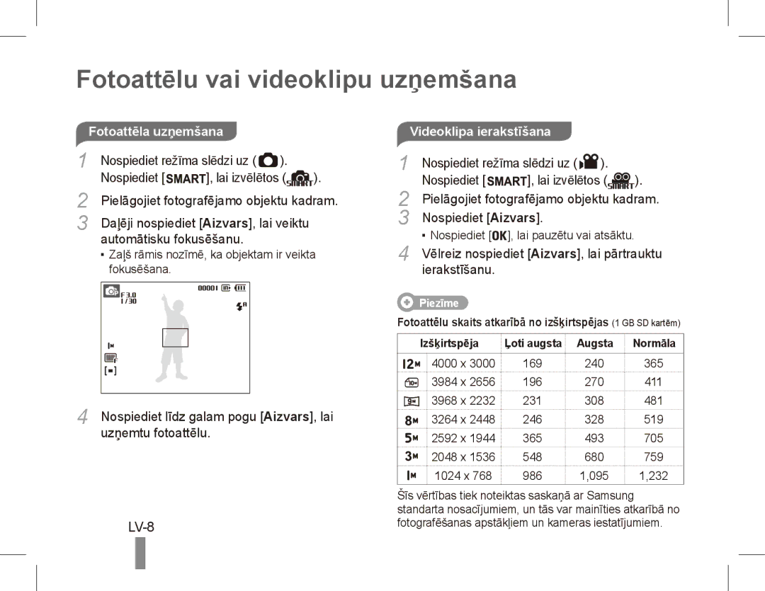 Samsung EC-ST45ZZBPUE2, EC-ST45ZZBPUE1, EC-ST45ZZBPRE1, EC-ST45ZZBPBE1 manual Fotoattēlu vai videoklipu uzņemšana, LV-8 