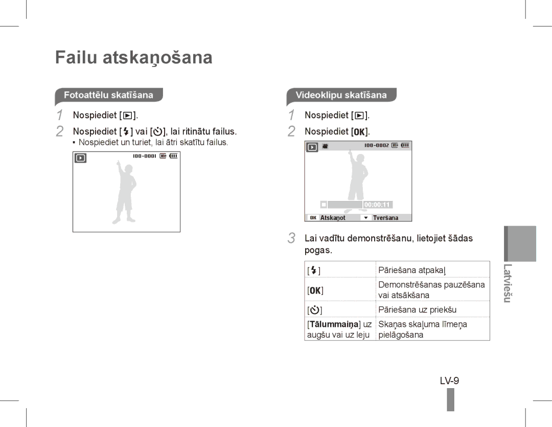 Samsung EC-ST45ZZBPRE2, EC-ST45ZZBPUE1 manual Failu atskaņošana, LV-9, Fotoattēlu skatīšanaVideoklipu skatīšana, Pogas 