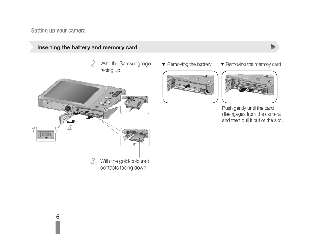 Samsung EC-ST45ZZBPAIT, EC-ST45ZZBPUE1 manual Inserting the battery and memory card, With the Samsung logo, Facing up 