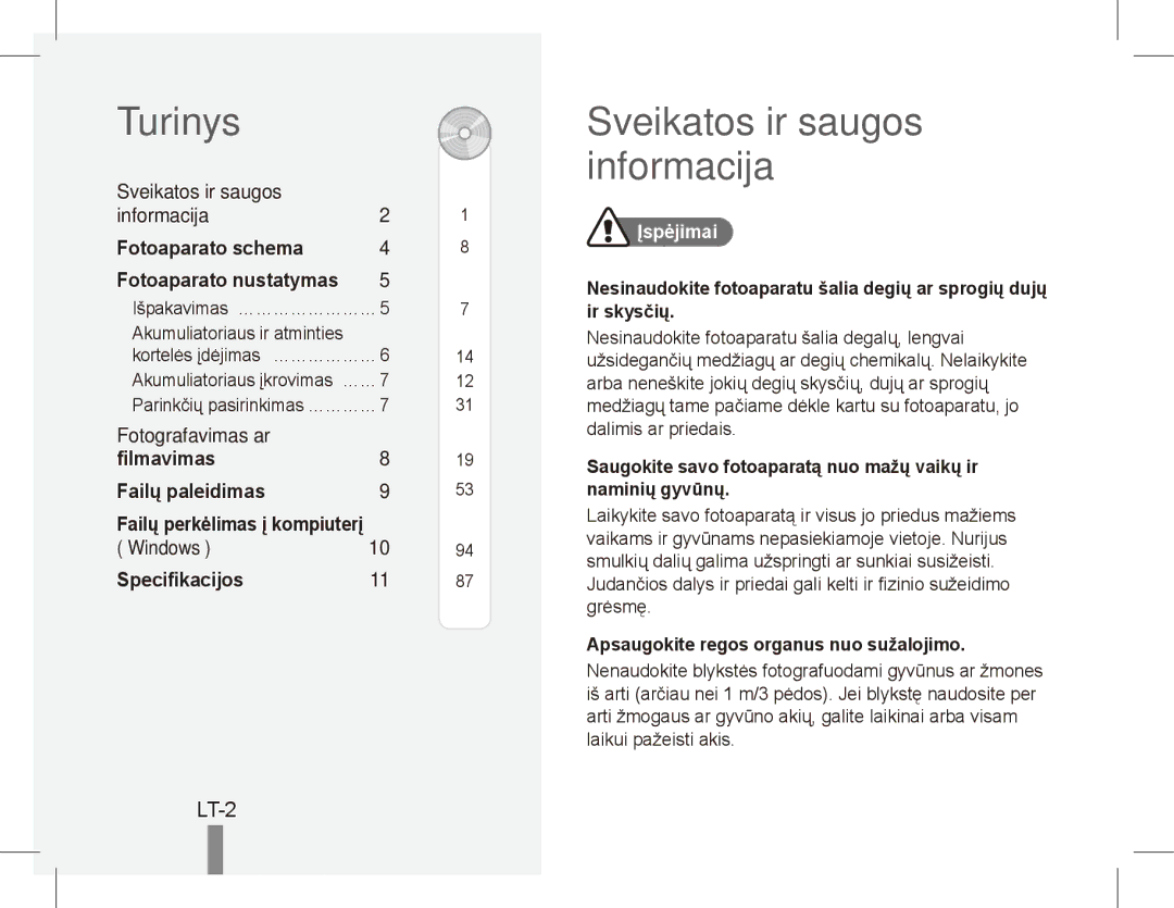 Samsung EC-ST45ZZBPARU, EC-ST45ZZBPUE1, EC-ST45ZZBPRE1 manual Turinys, Sveikatos ir saugos informacija, LT-2, Įspėjimai 