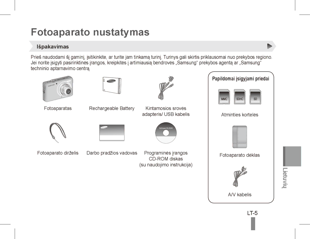 Samsung EC-ST45ZZBPBRU, EC-ST45ZZBPUE1 manual Fotoaparato nustatymas, LT-5, Išpakavimas, Papildomai įsigyjami priedai 