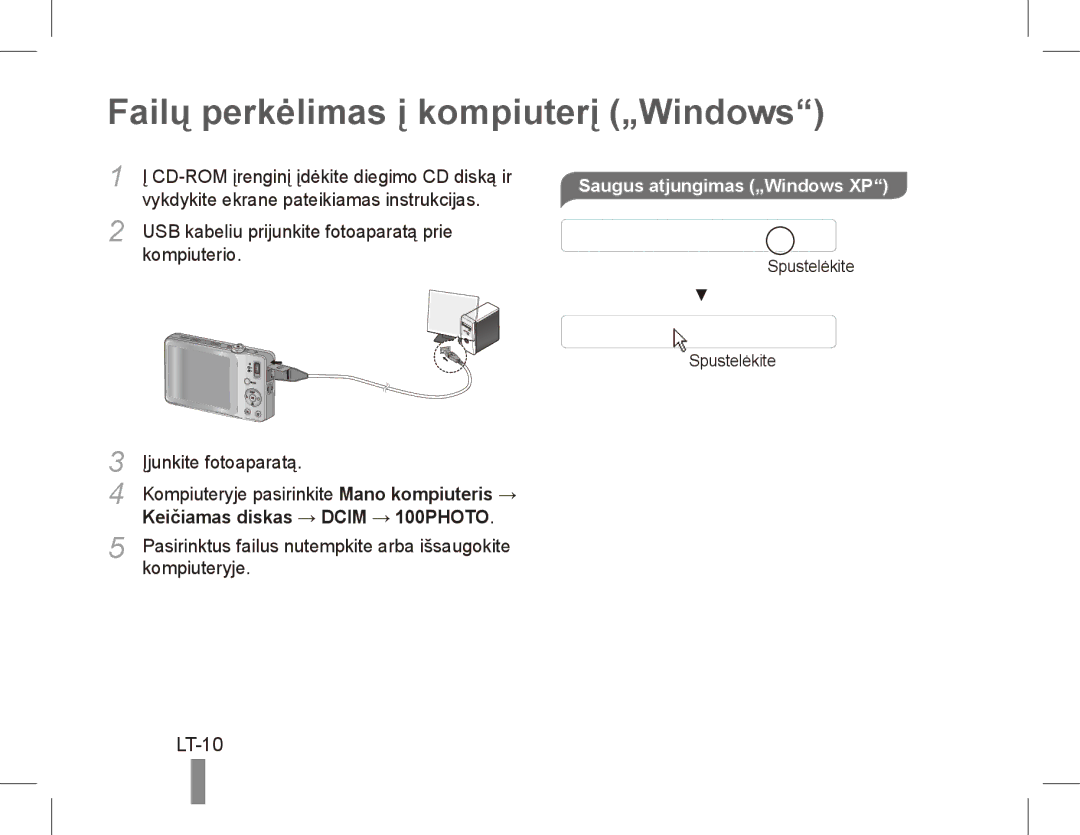 Samsung EC-ST45ZZBPRIT, EC-ST45ZZBPUE1 manual Failų perkėlimas į kompiuterį „Windows, LT-10, Saugus atjungimas „Windows XP 